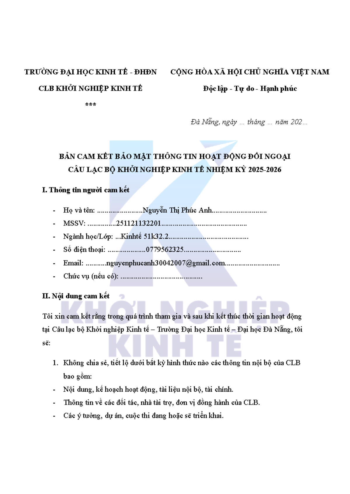 Bản Cam Kết Bảo Mật Thông Tin CLB Khởi Nghiệp Kinh Tế [KNS] - Studocu