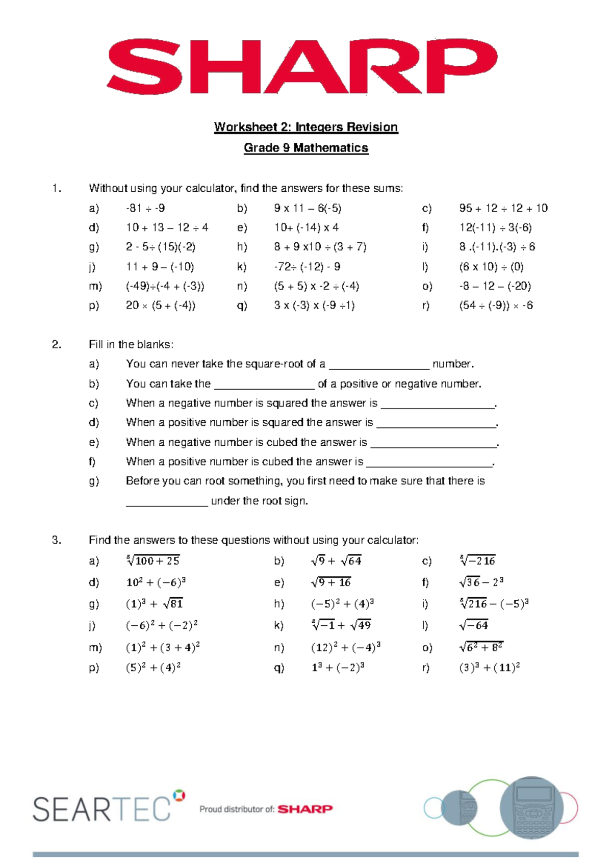 Worksheet 2: Integers Revision for Grade 9 Math - Studocu