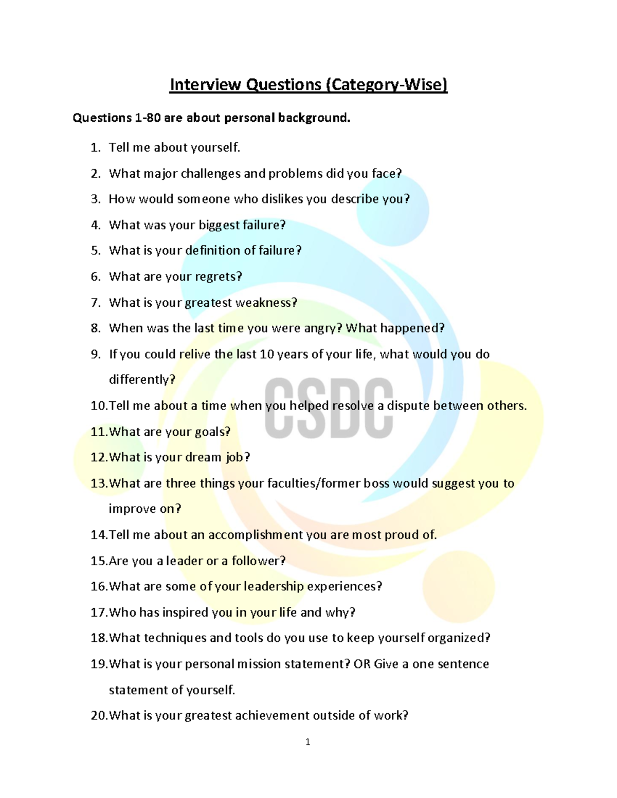 Interview Questions: Personal Background & Work Experience - Studocu