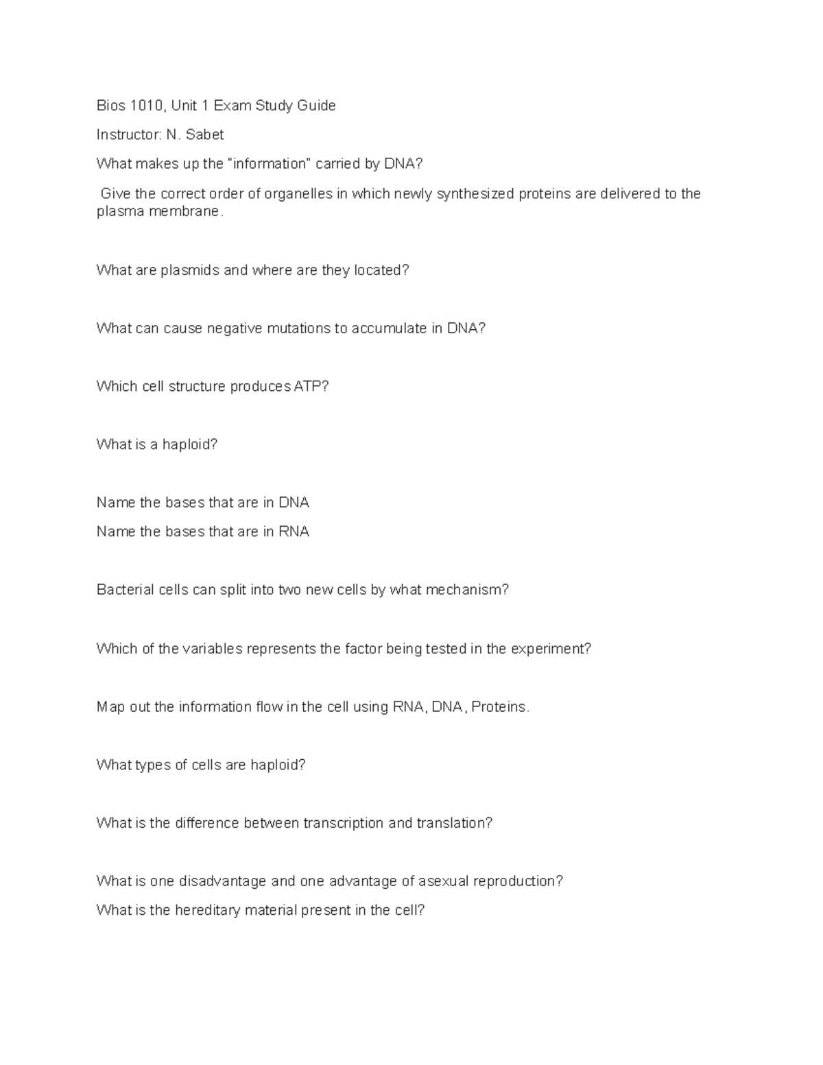 Bios 1010 Unit 1 Exam Study Guide - Bios 1010, Unit 1 Exam Study Guide ...