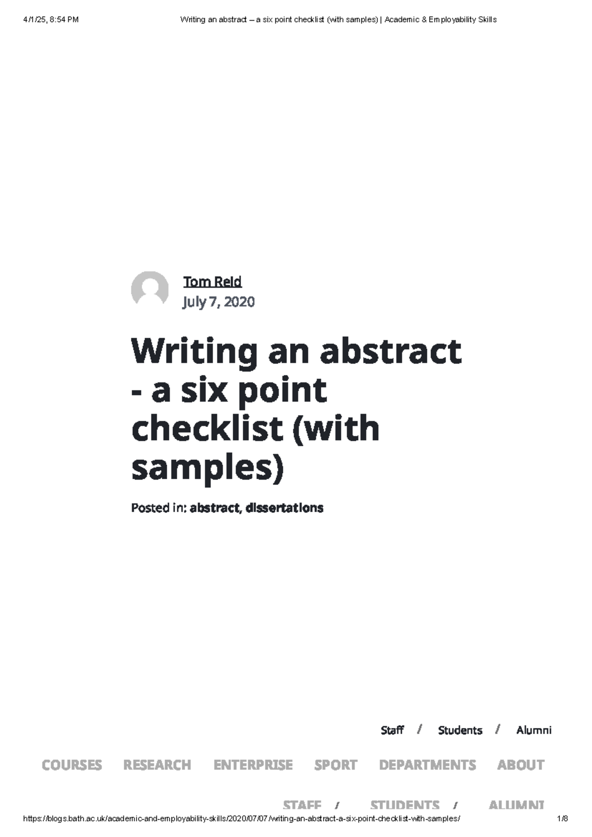Academic Employability Skills: Writing an Abstract - 6 Point Checklist ...