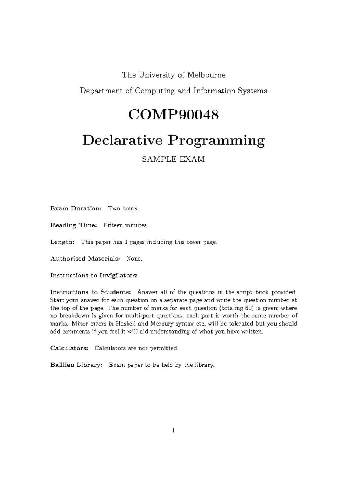 COMP - Declarative Programming Sample Exam - 2010 Edition - Studocu