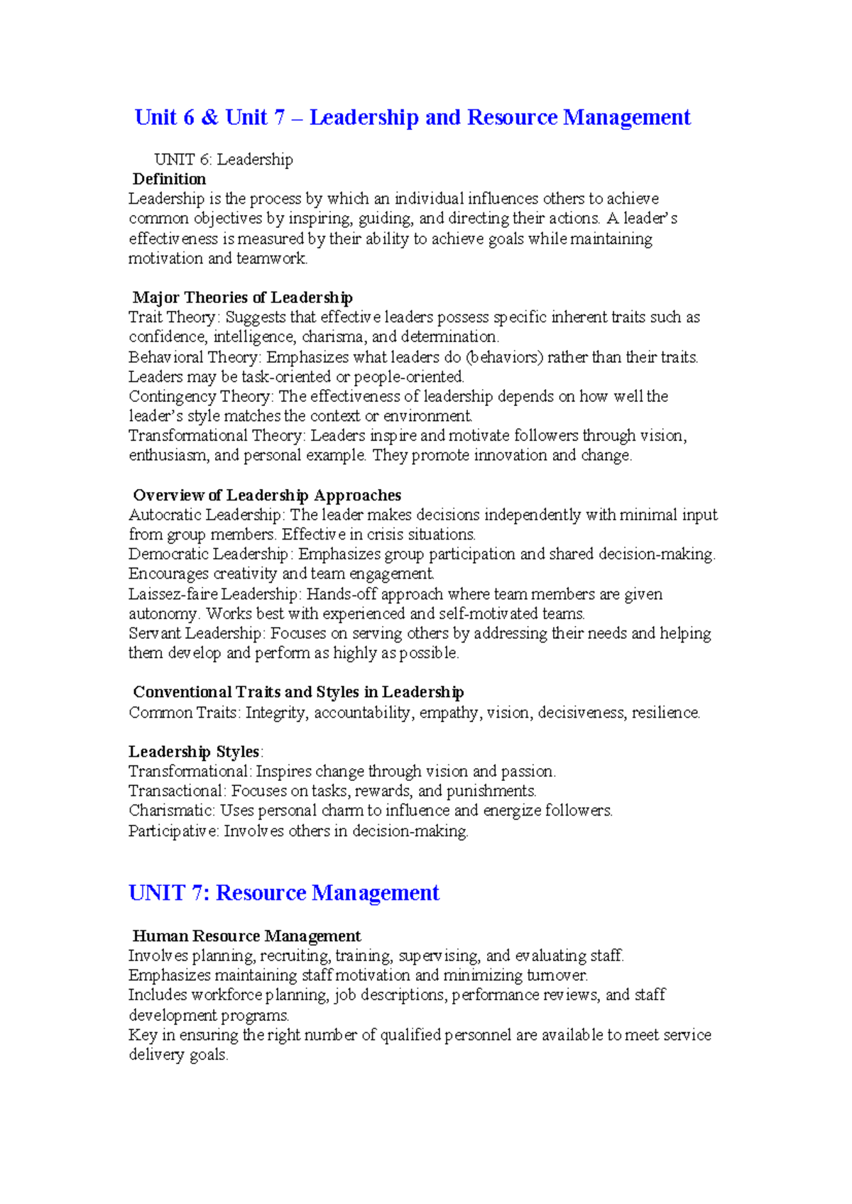 HSM 6 & 7: Leadership Theories and Resource Management Overview - Studocu