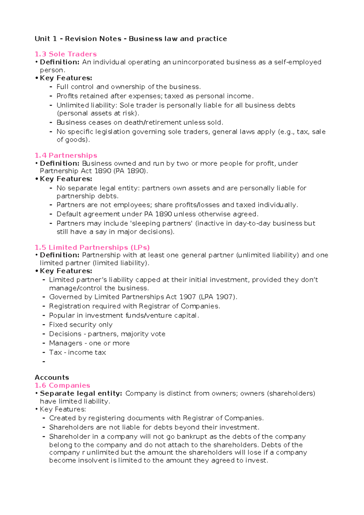 Summary notes - Unit 1 - Unit 1 - Revision Notes - Business law and ...