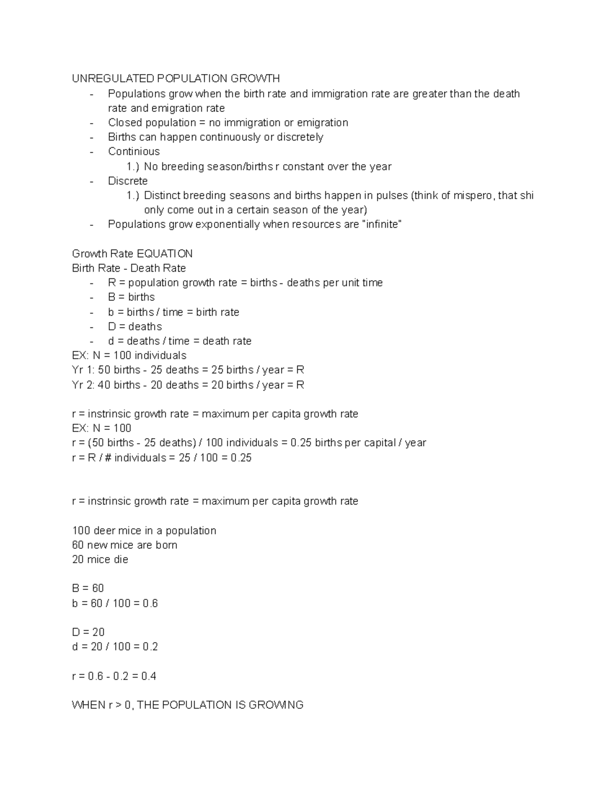 Biology Midterm 2 Notes on Unregulated Population Growth - UNREGULATED ...