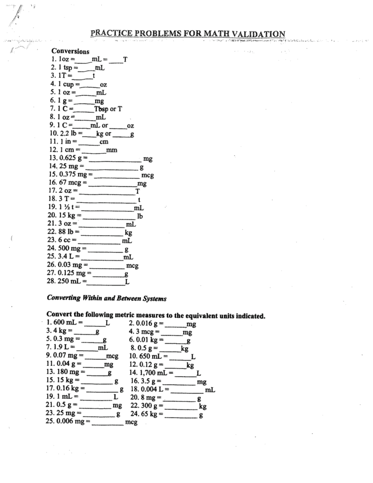 Med Math Practice Problems for Validation: Conversions & Dosage ...