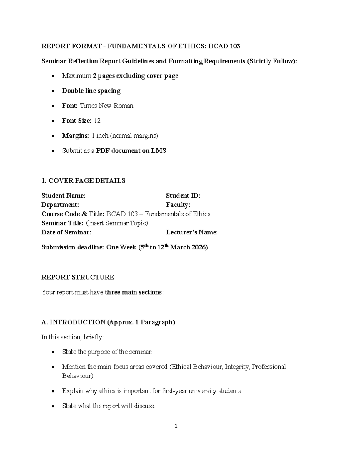 BCAD 103 Seminar Reflection Report Format Guidelines - Studocu