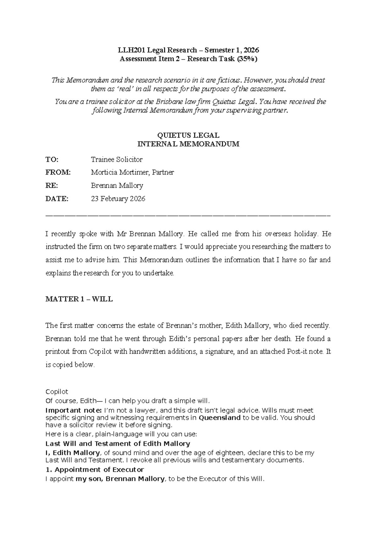 LLH201 Legal Research - Sem 1 2026 - Assessment Item 2 Memo on Brennan ...