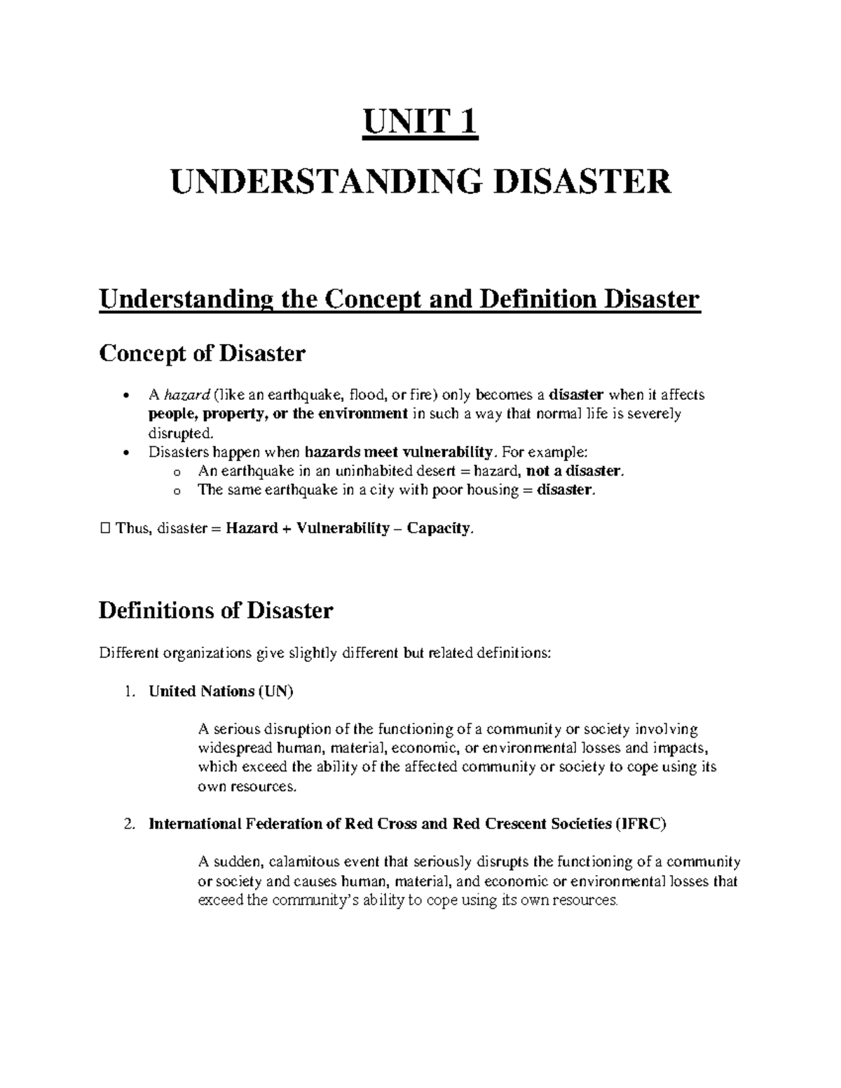 UNIT 1 - Understanding Disaster: Concepts, Definitions, and Types - Studocu