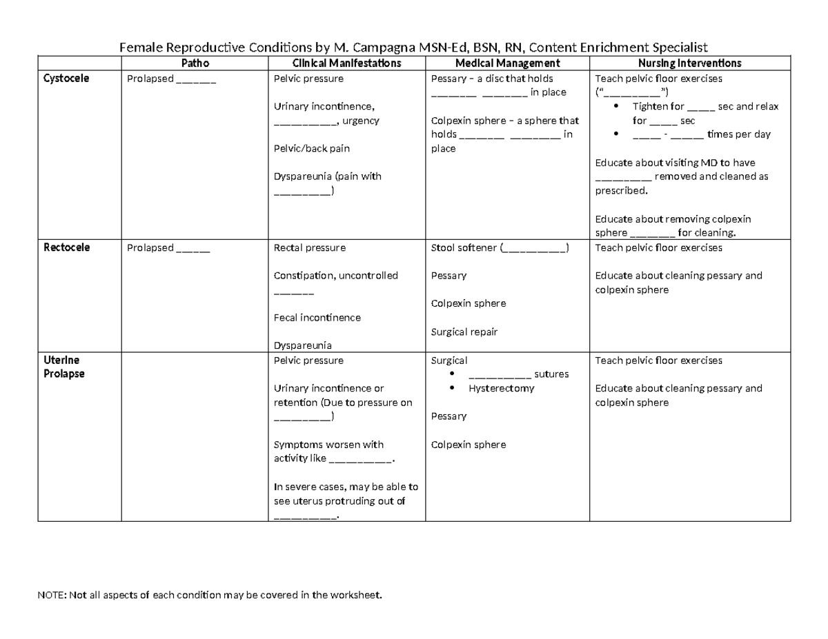 Female GU Conditions Overview - Worksheet Notes for Nursing Students ...
