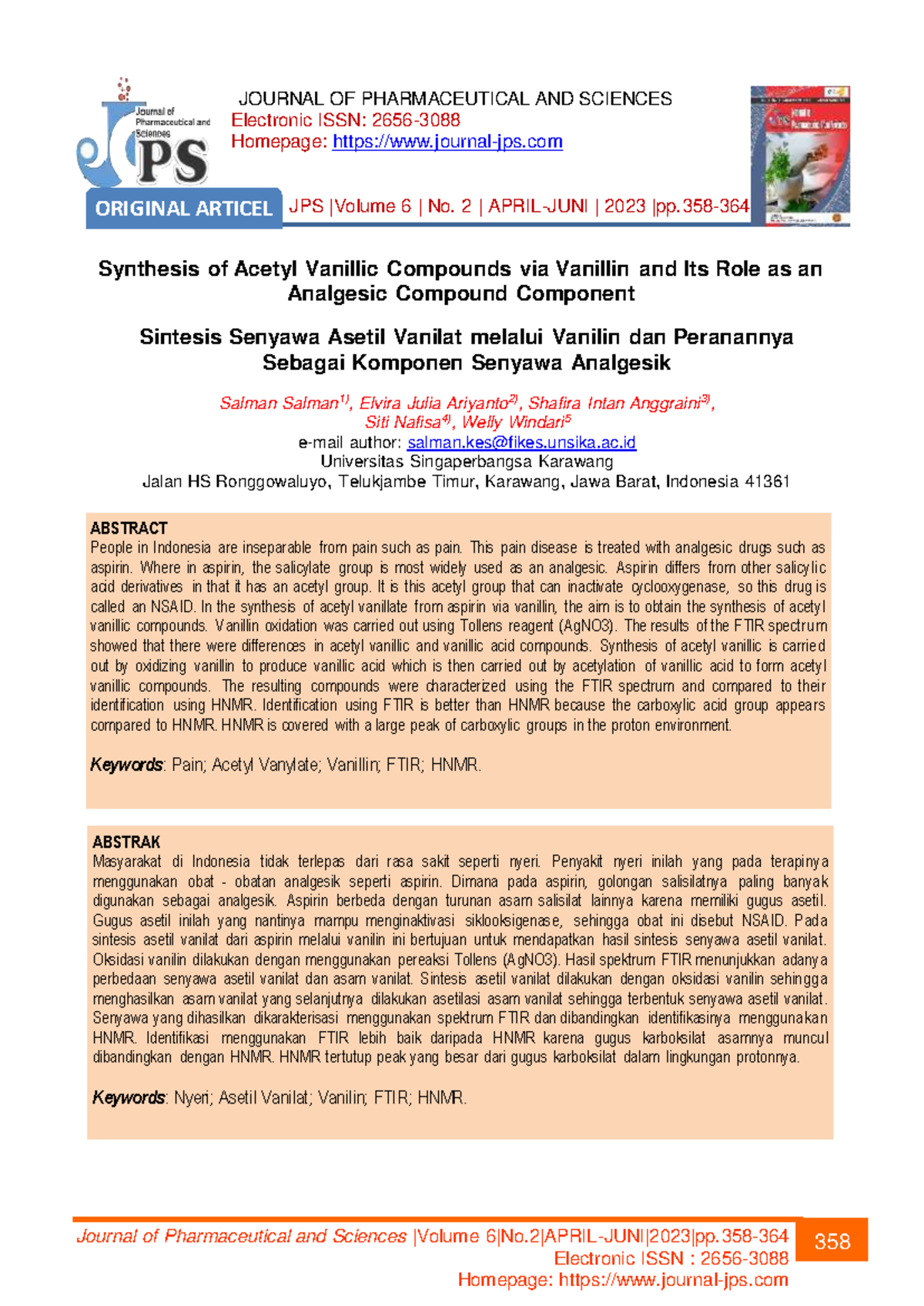 Synthesis of Acetyl Vanillic Compounds as Analgesics in JPS 6 No. 2 ...
