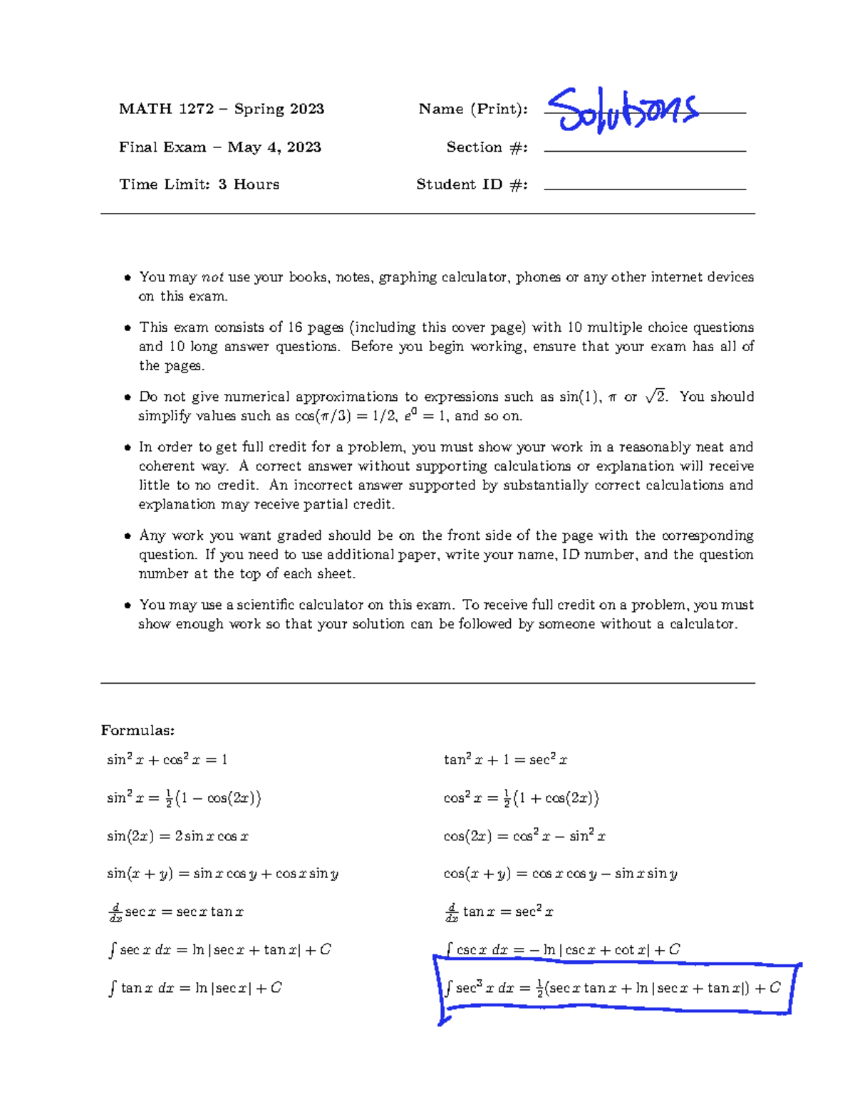 MATH 1272 Spring 2023 Final Exam Solutions and Guidelines - Studocu
