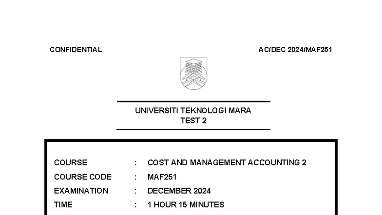 MAF251 - Cost and Management Accounting 2 Test 2 Exam December 2024 ...