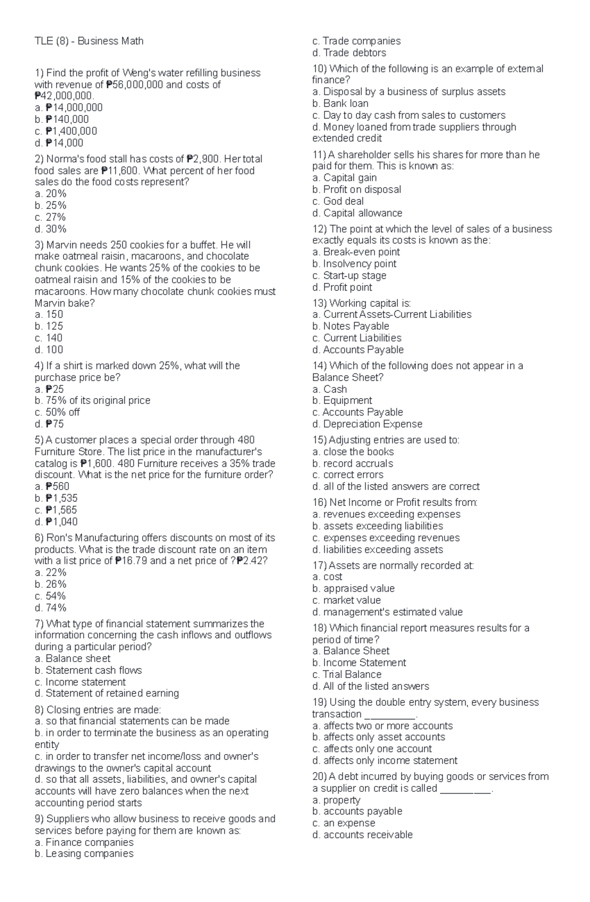 LET 2023 - TLE Practice Test with Answers in Business Math and ...
