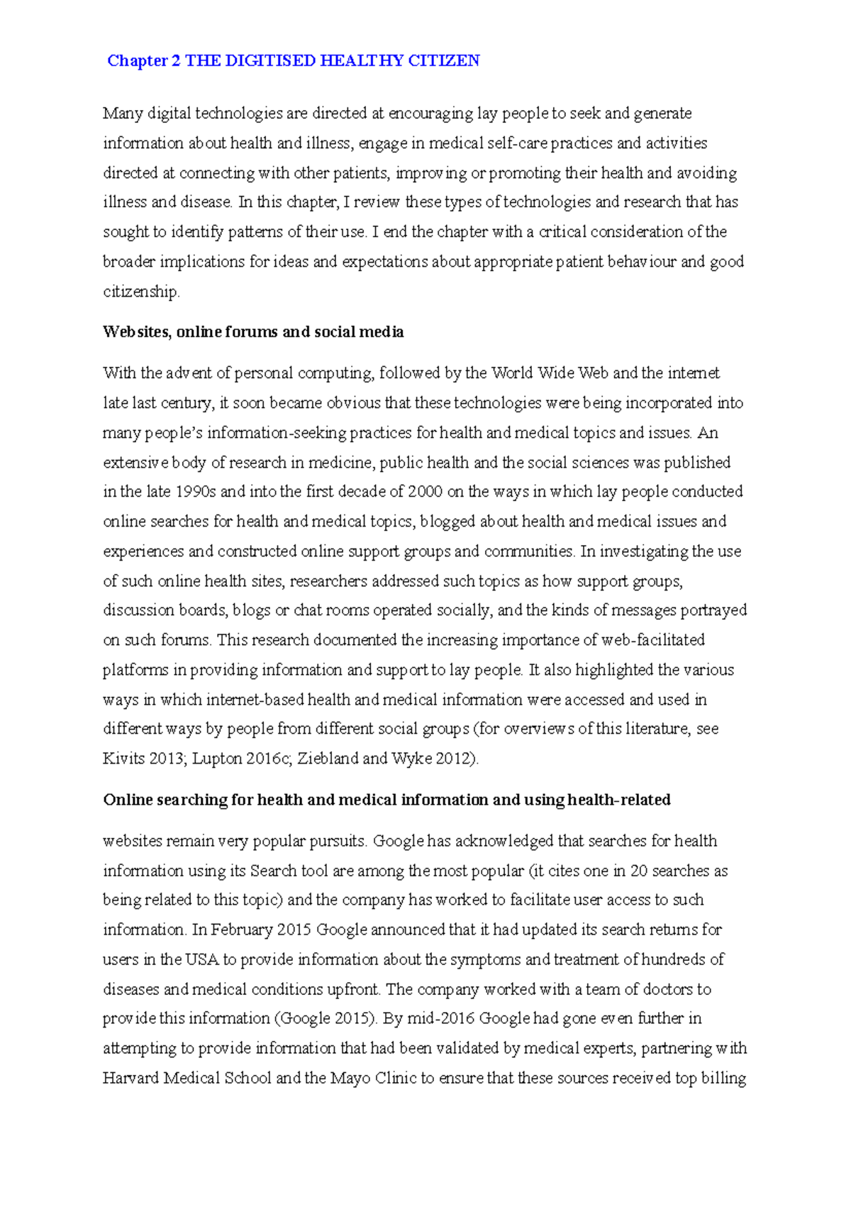 Chapter 2 THE Digitised Healthy Citizen - SD305G - Studocu