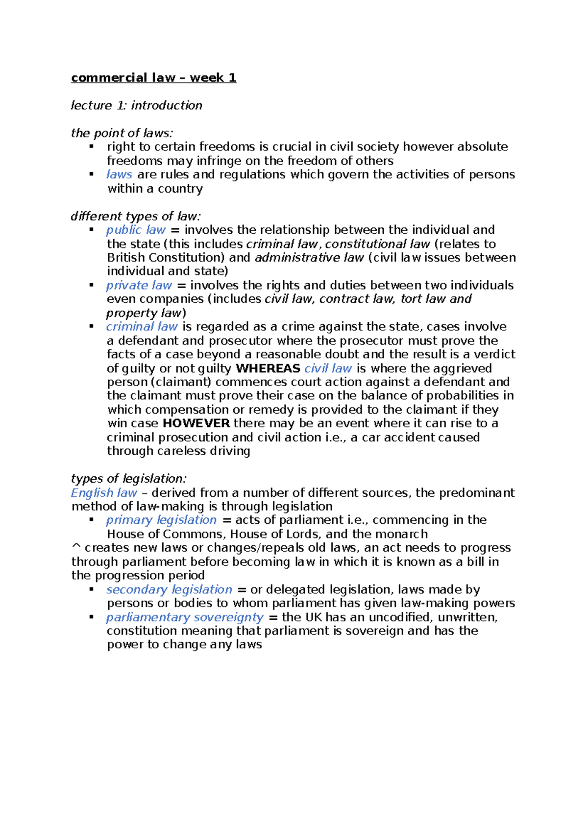 Week 1 - business management lecture notes - commercial law – week 1 ...
