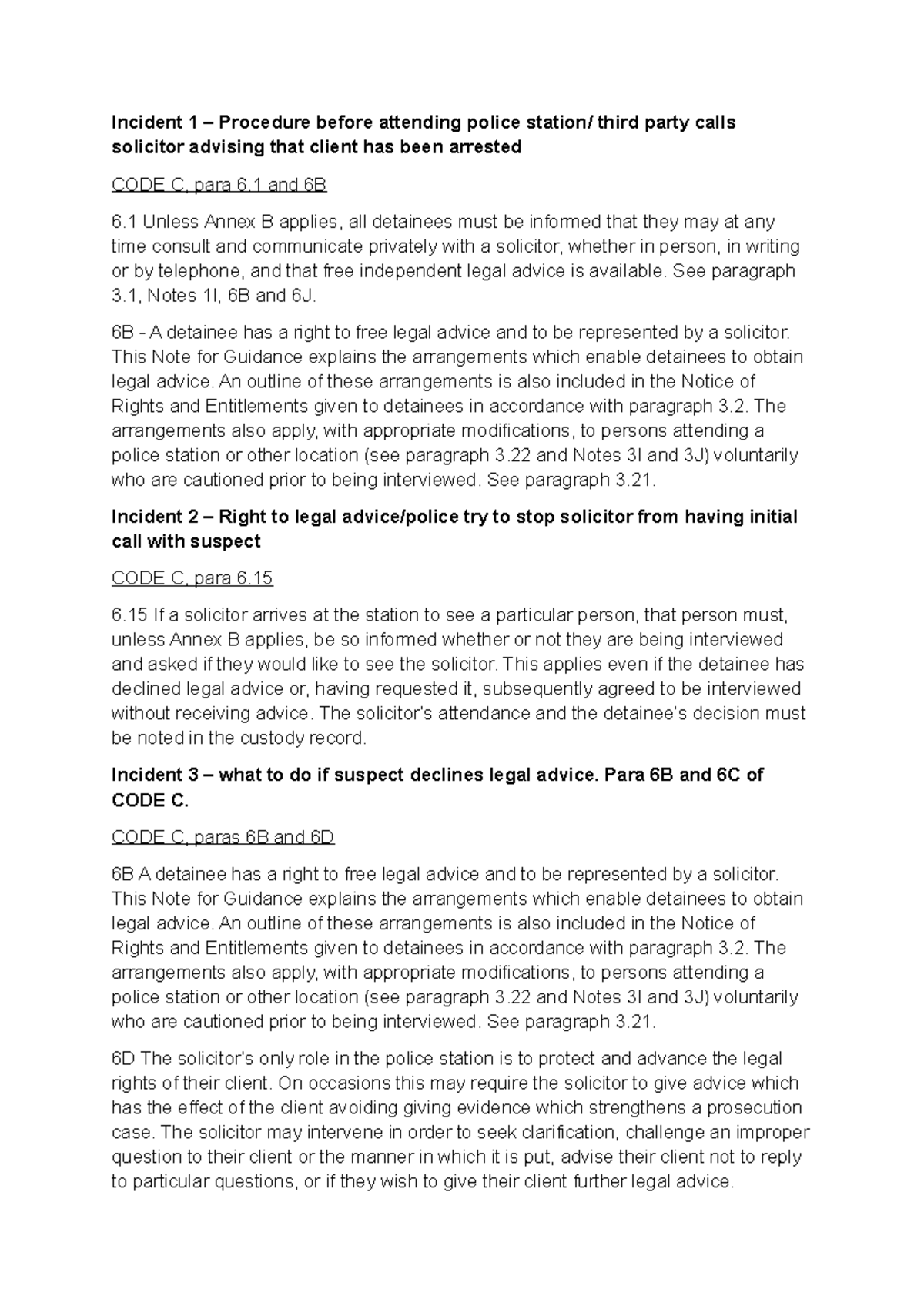 CIT Responses and PACE Guidance: Legal Rights of Detainees CODE C - Studocu