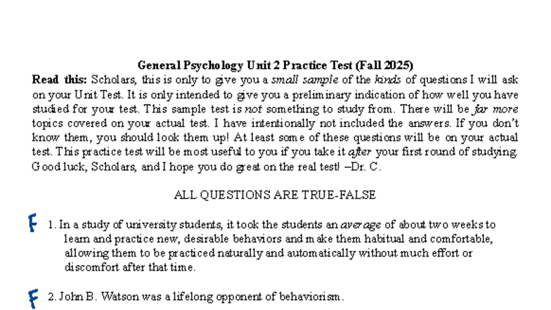 General Psychology Unit 2 Practice Test (Fall 2025) - Studocu