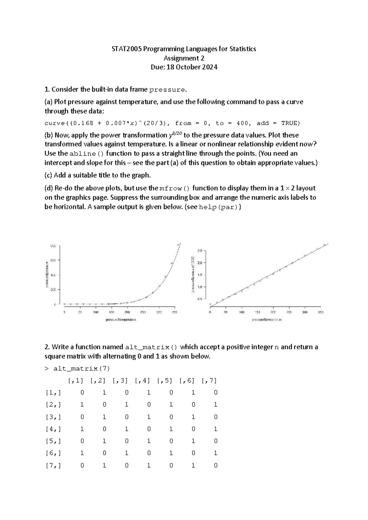 STAT2005 Assignment 2: Analyzing Pressure Data and Matrix Function ...