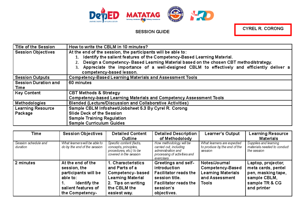 Session Guide: Crafting Competency-Based Learning Materials (CBLM ...