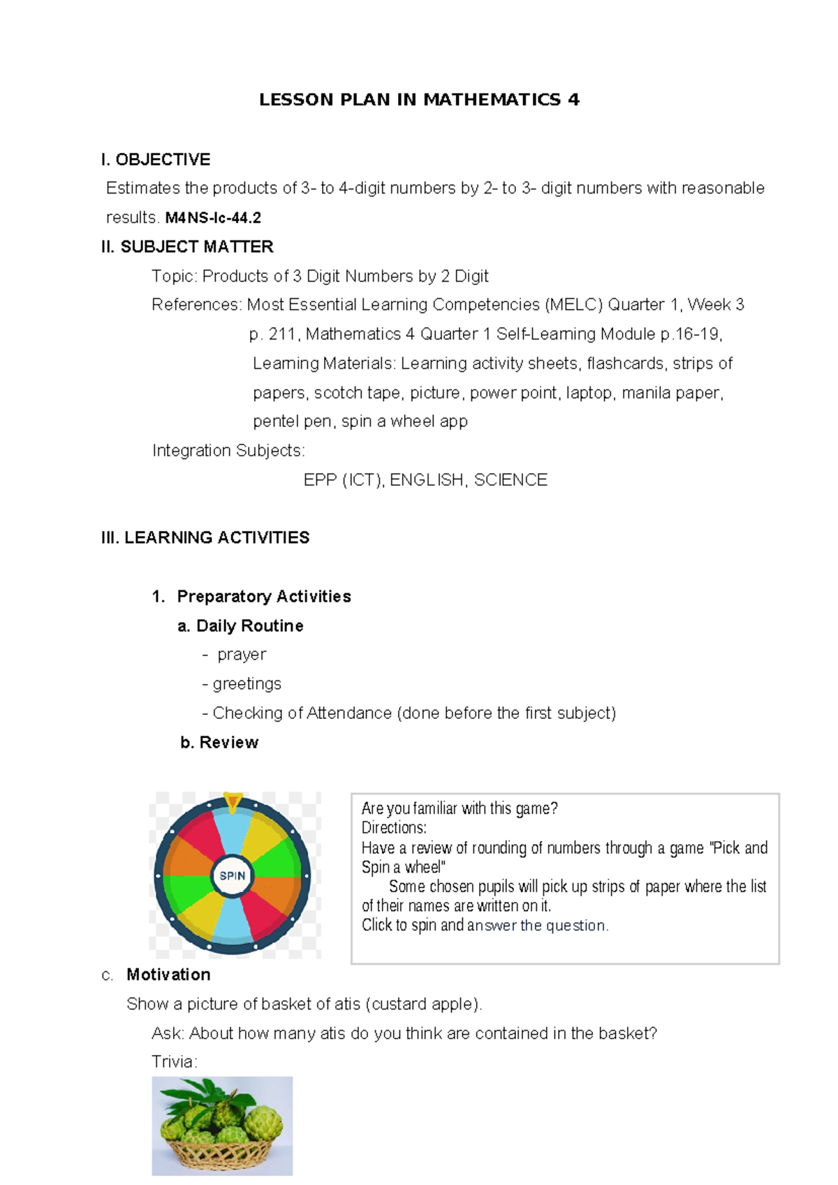 COT 1 Lesson Plan: Estimating Products in Mathematics 4 - April - Studocu