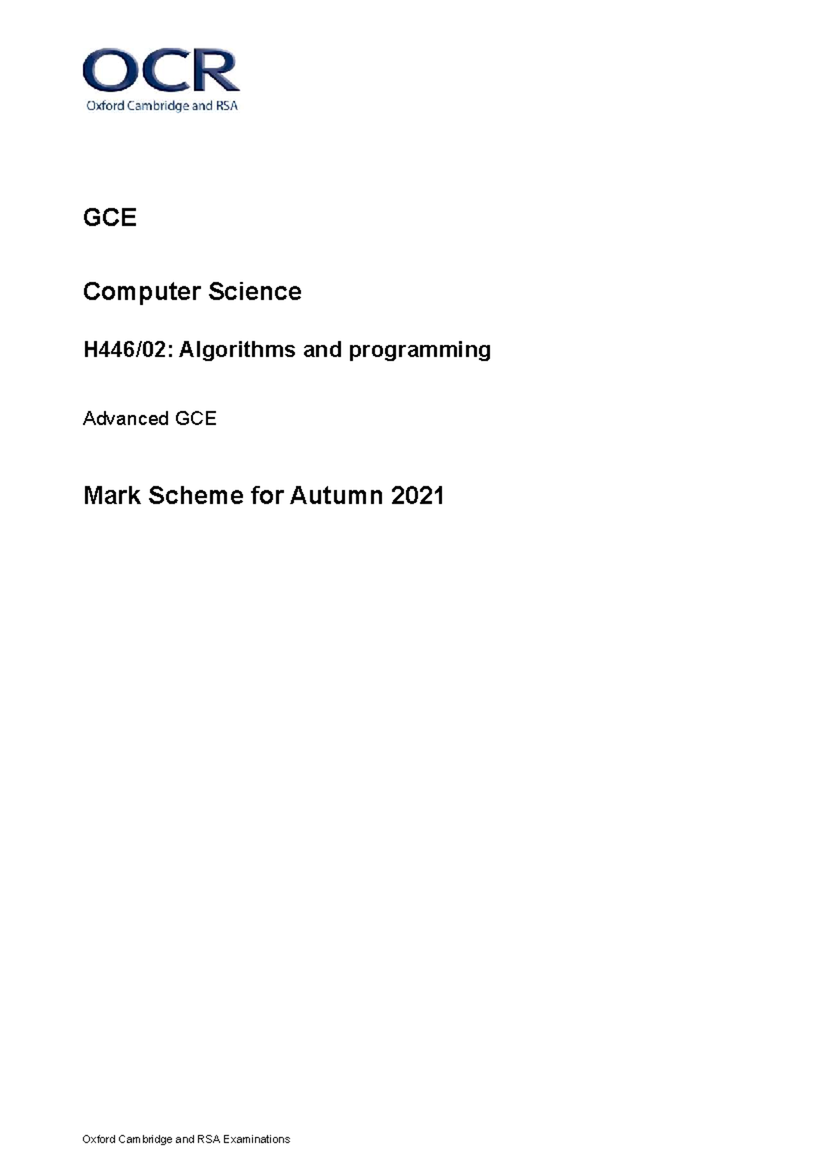 GCE Computer Science 666850 Algorithms & Programming Mark Scheme Autumn ...