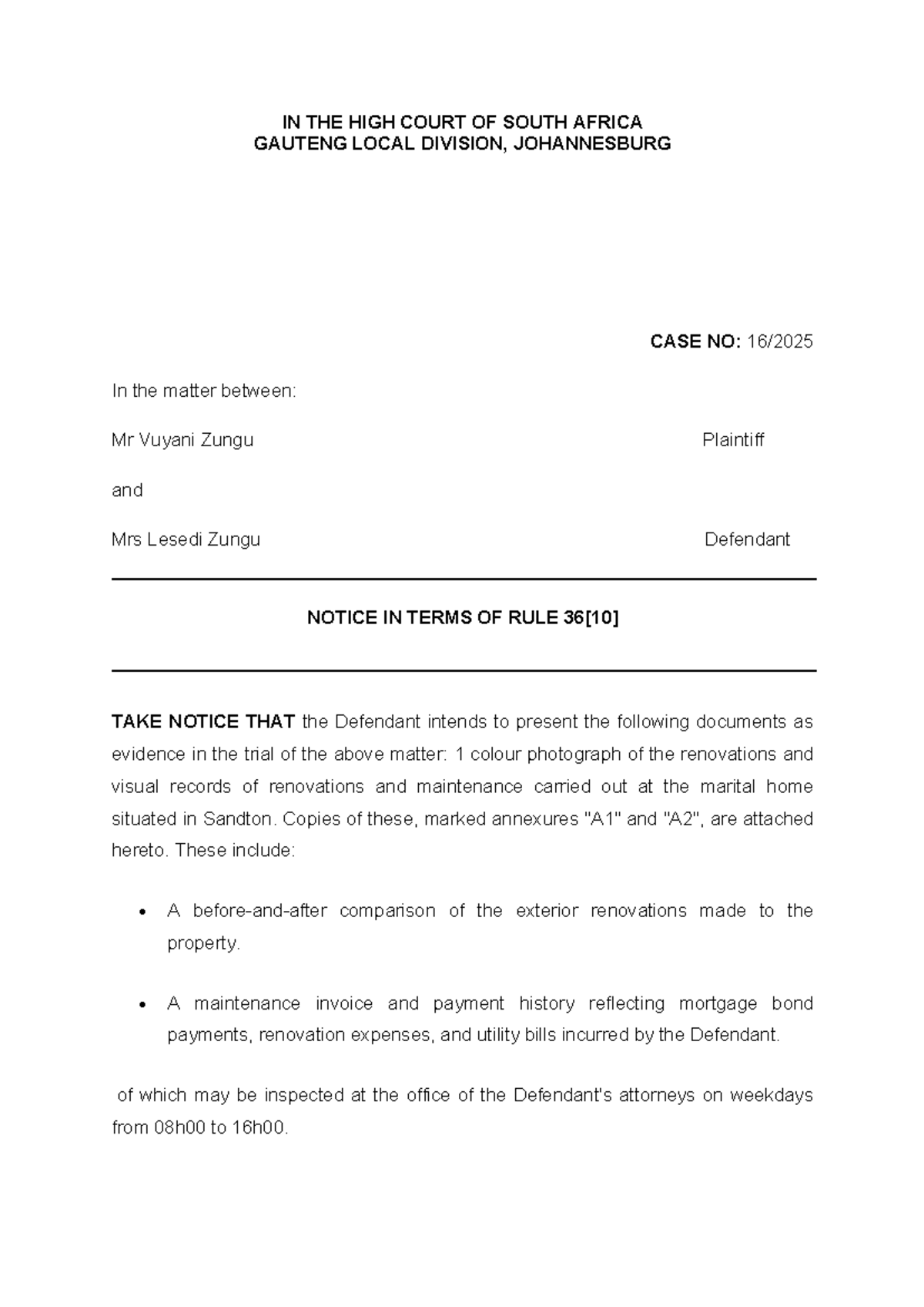 Notice of Evidence Submission - Case No: High Court Rule 36[10] - Studocu