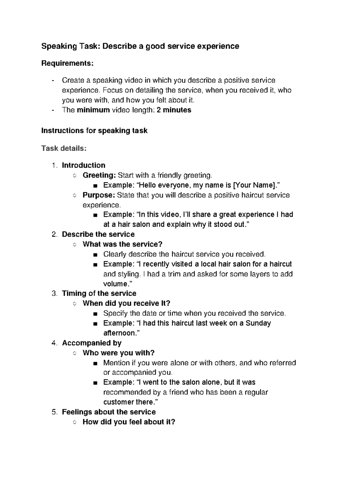 ENG 201 Individual Speaking Task: Positive Service Experience Video ...
