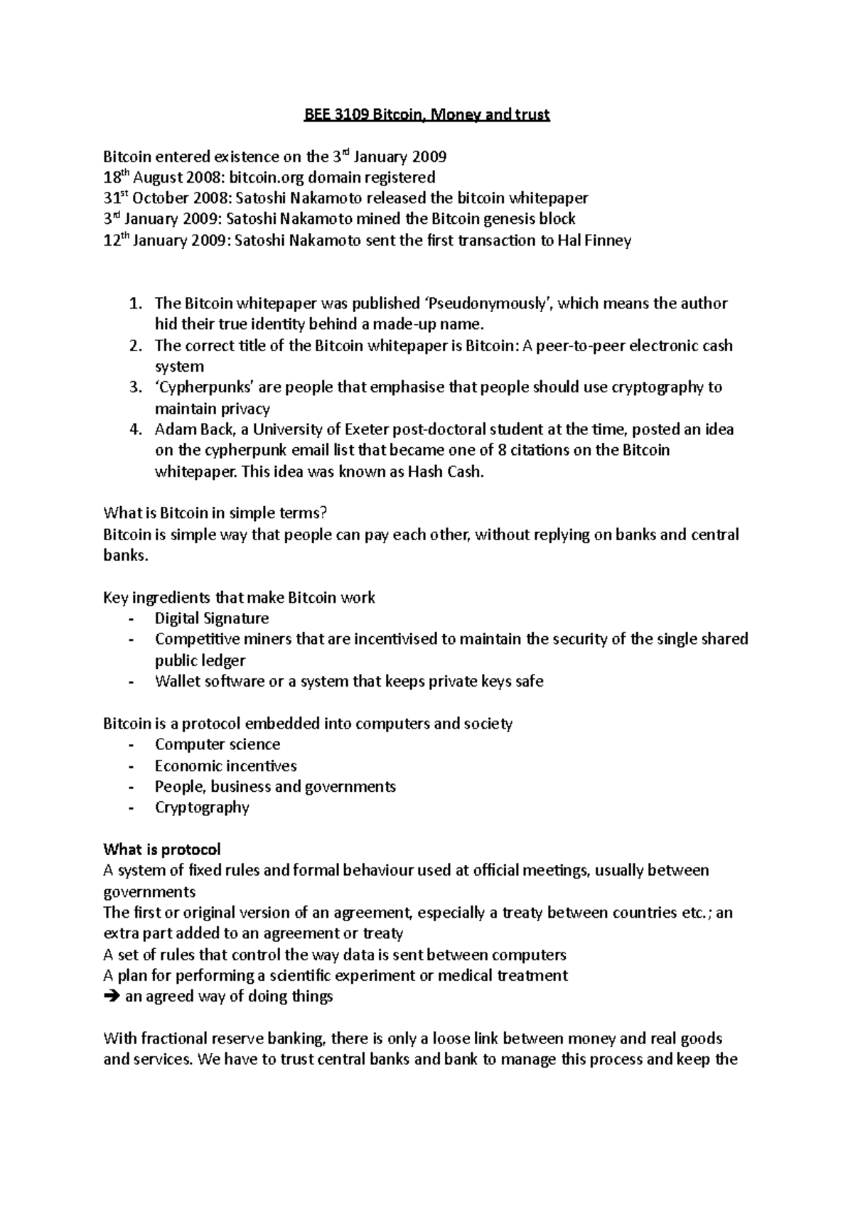 BEE 3109 Lecture Notes on Bitcoin: History and Mechanisms - Studocu