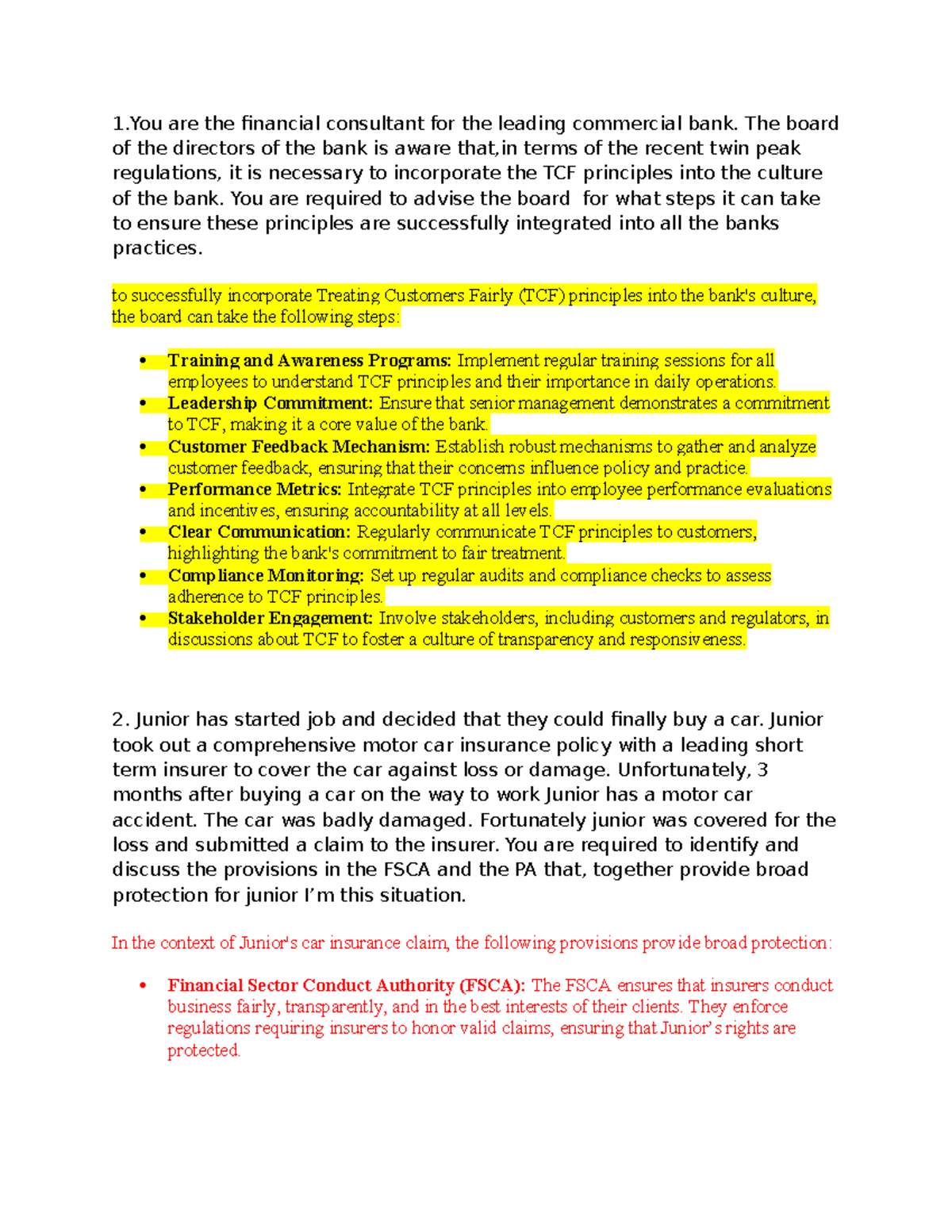 Chapter 29 Review Questions: TCF Principles, Insurance Claims & Insider ...
