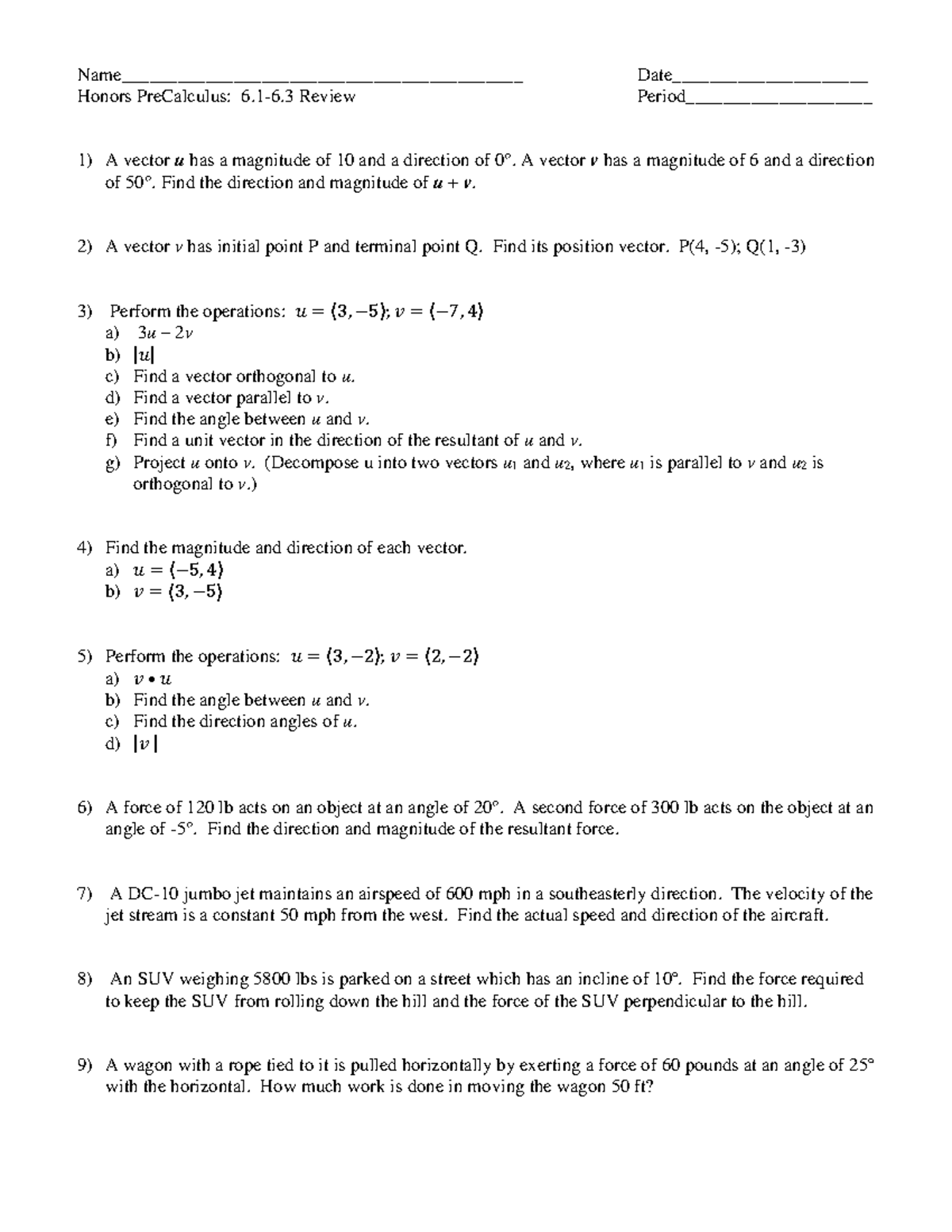 Honors Precalc: Vectors and Forces Practice (Ch 6.1-6.2) - Studocu