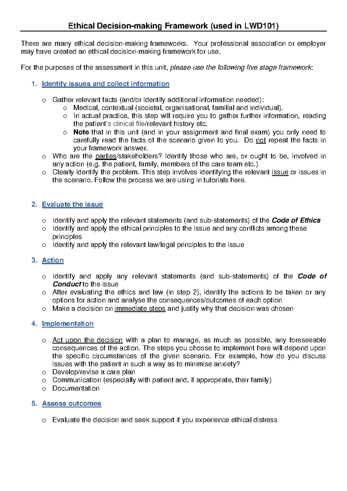 LWD101 - Ethical Decision-Making Framework in Health Care Ethics - Studocu