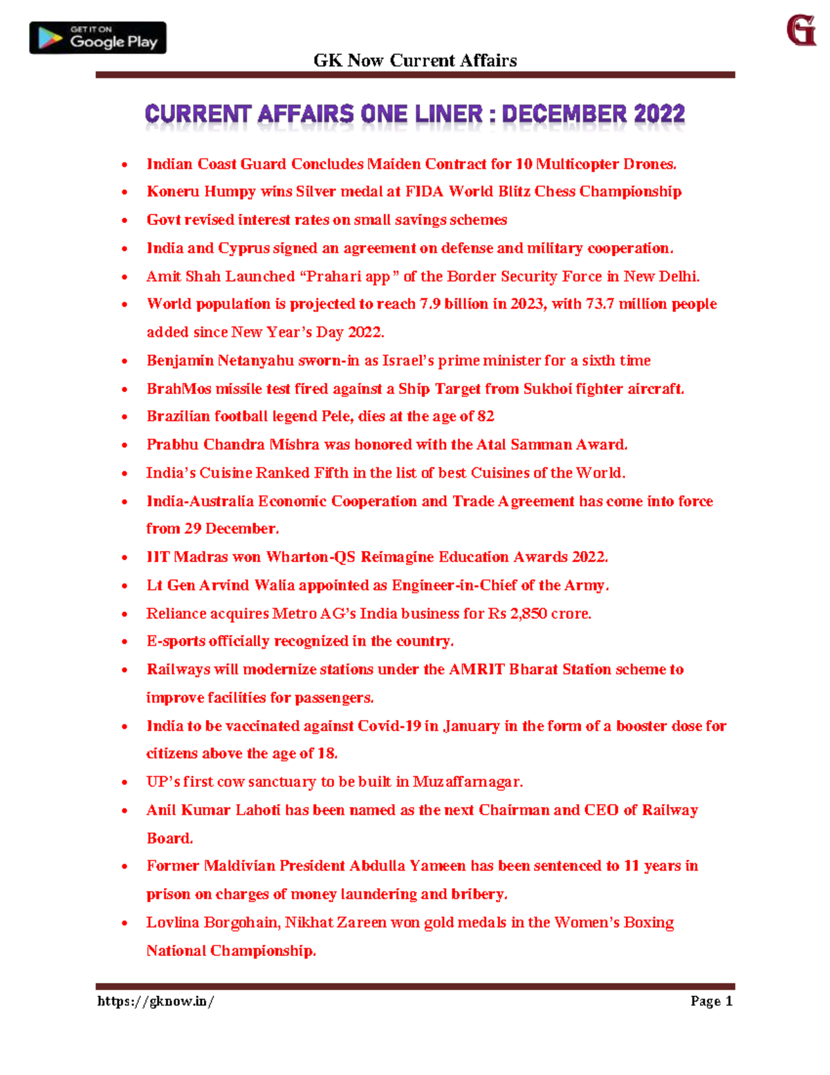 December 2022 Current Affairs One Liner English - Indian Coast Guard ...