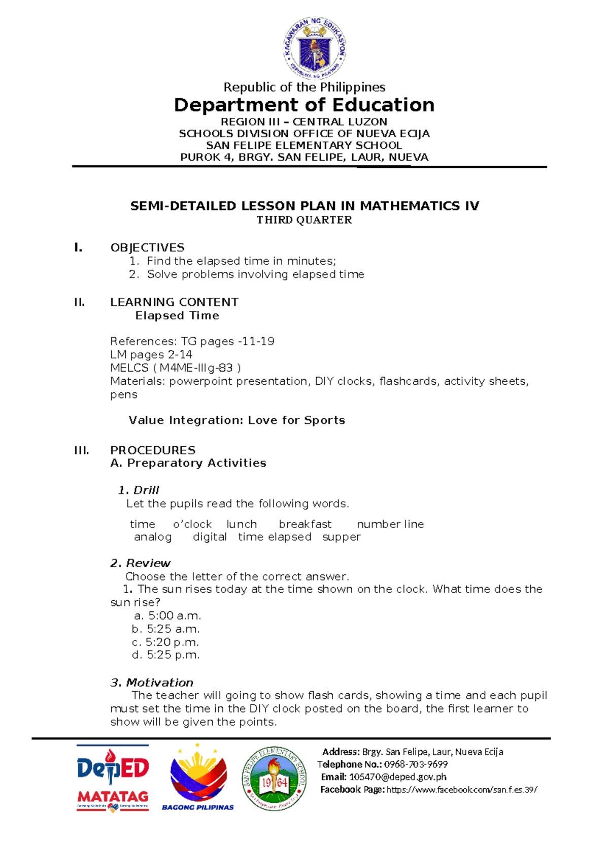 COT DLP MATH-4 Semi-Detailed Lesson Plan on Elapsed Time - Studocu