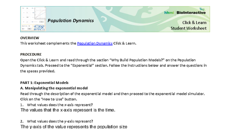 Population Dynamics Student Worksheet - Click Learn Overview - Studocu