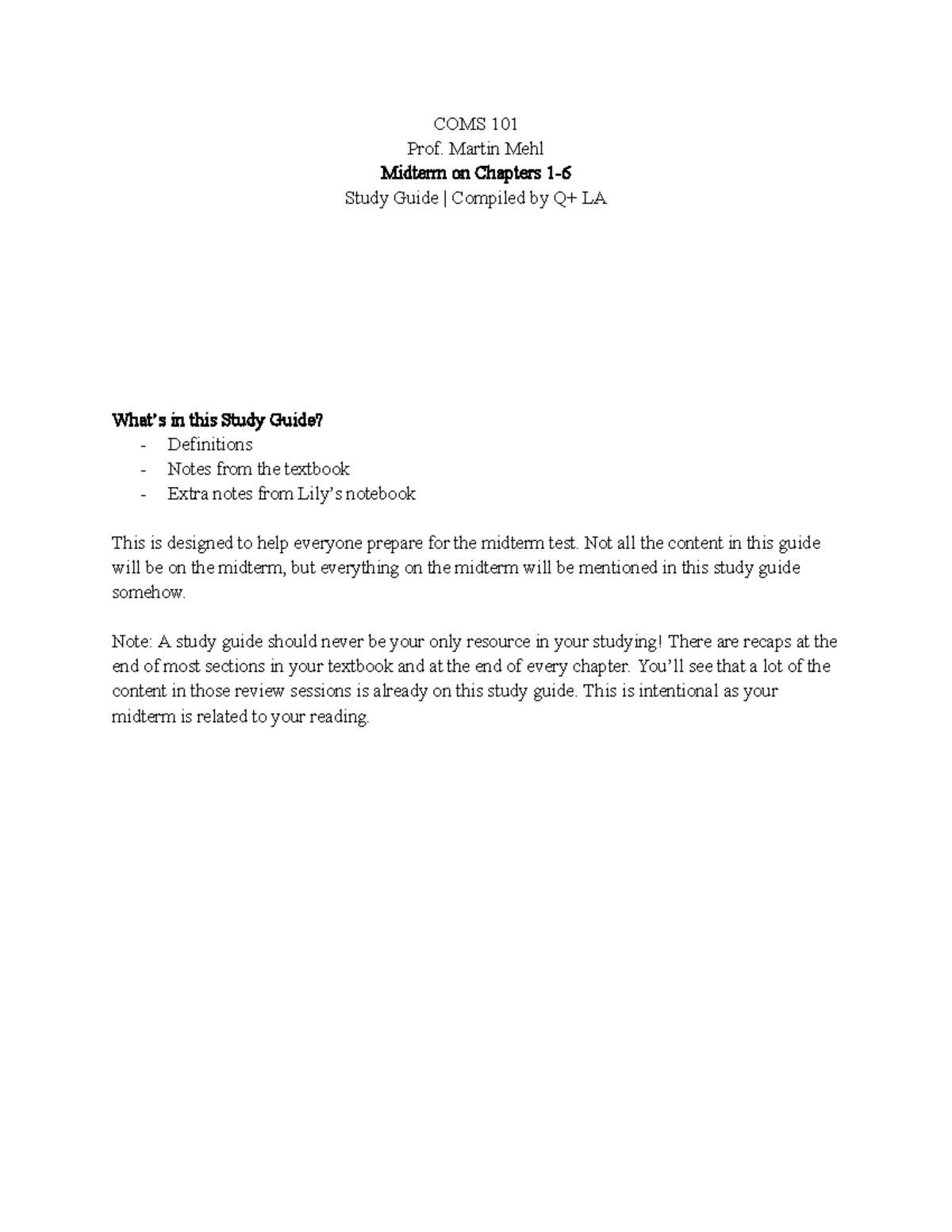 COMS 101 Midterm Study Guide: Key Concepts from Chapters 1-6 - Studocu