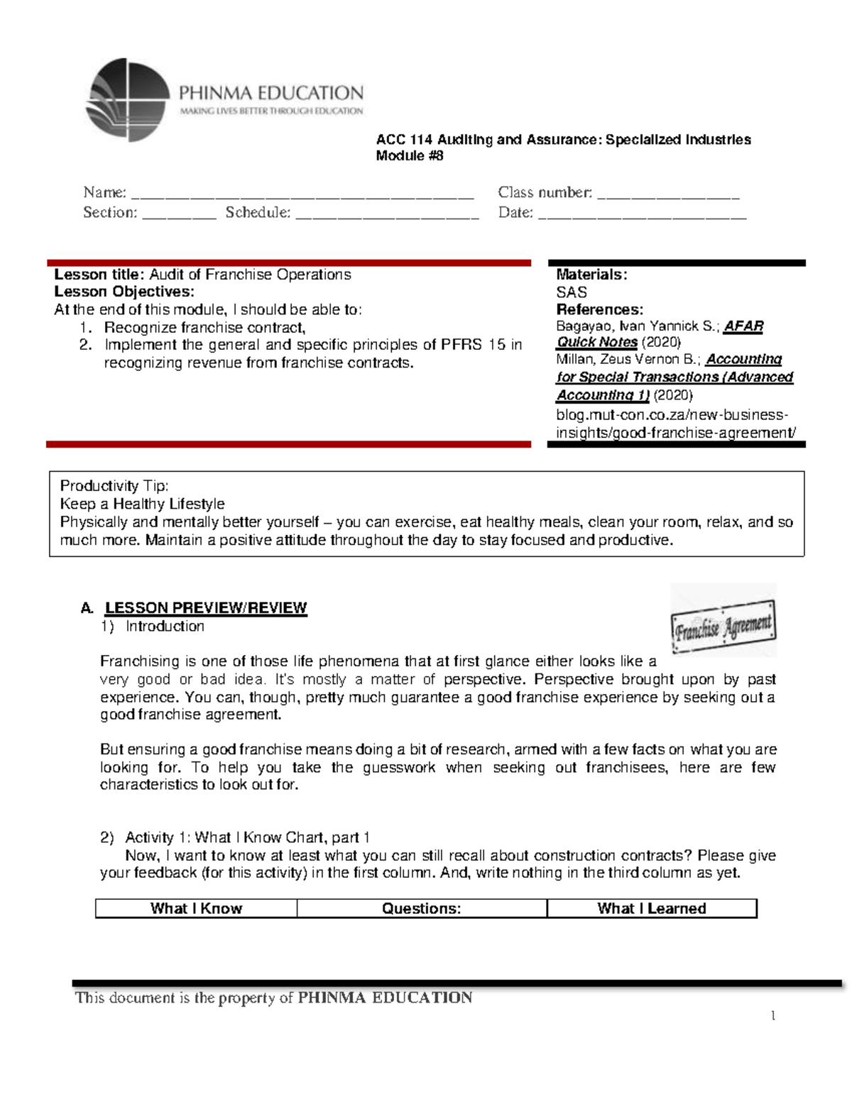 ACC 114 Auditing & Assurance: Audit of Franchise Operations Lesson ...