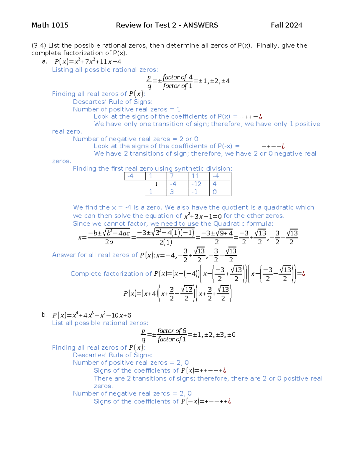 Math 1015 Test 2 Review Answers: Sections 3.3 - 4.1 Fall 2024 - Studocu