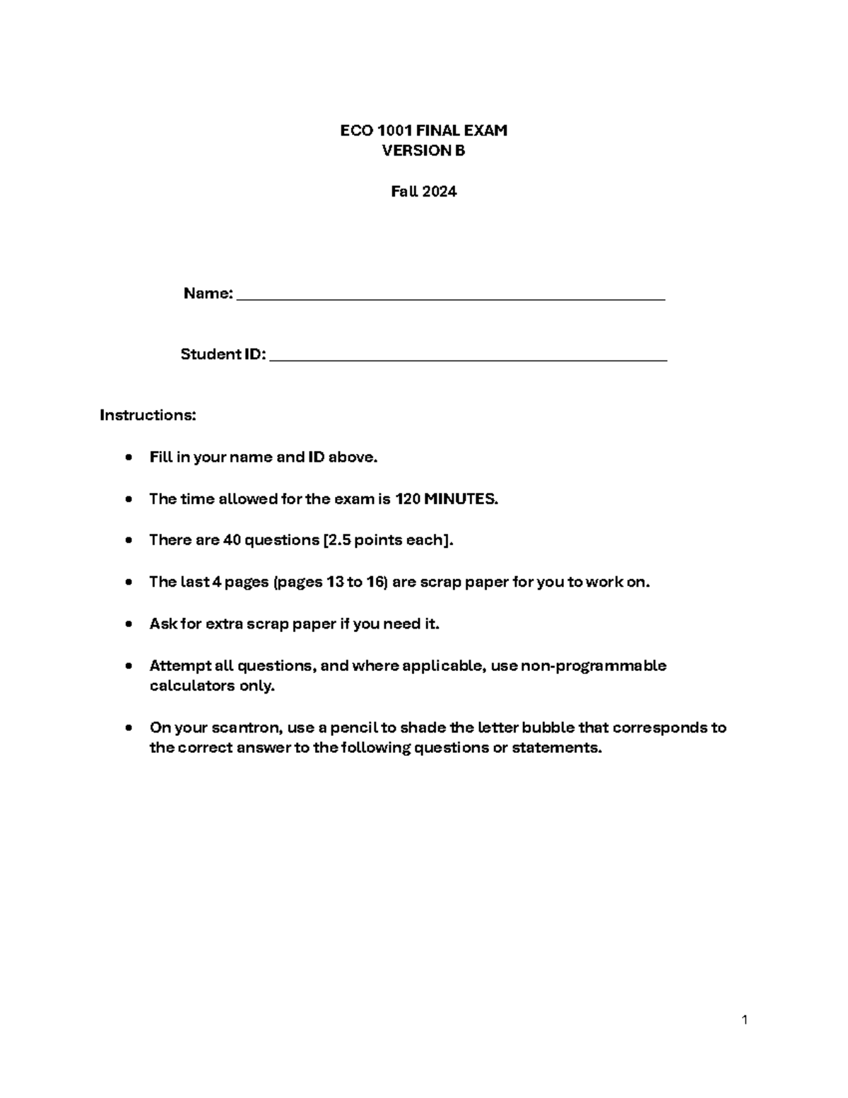 ECO 1001 Final Exam Version B - Fall 2024 - Studocu
