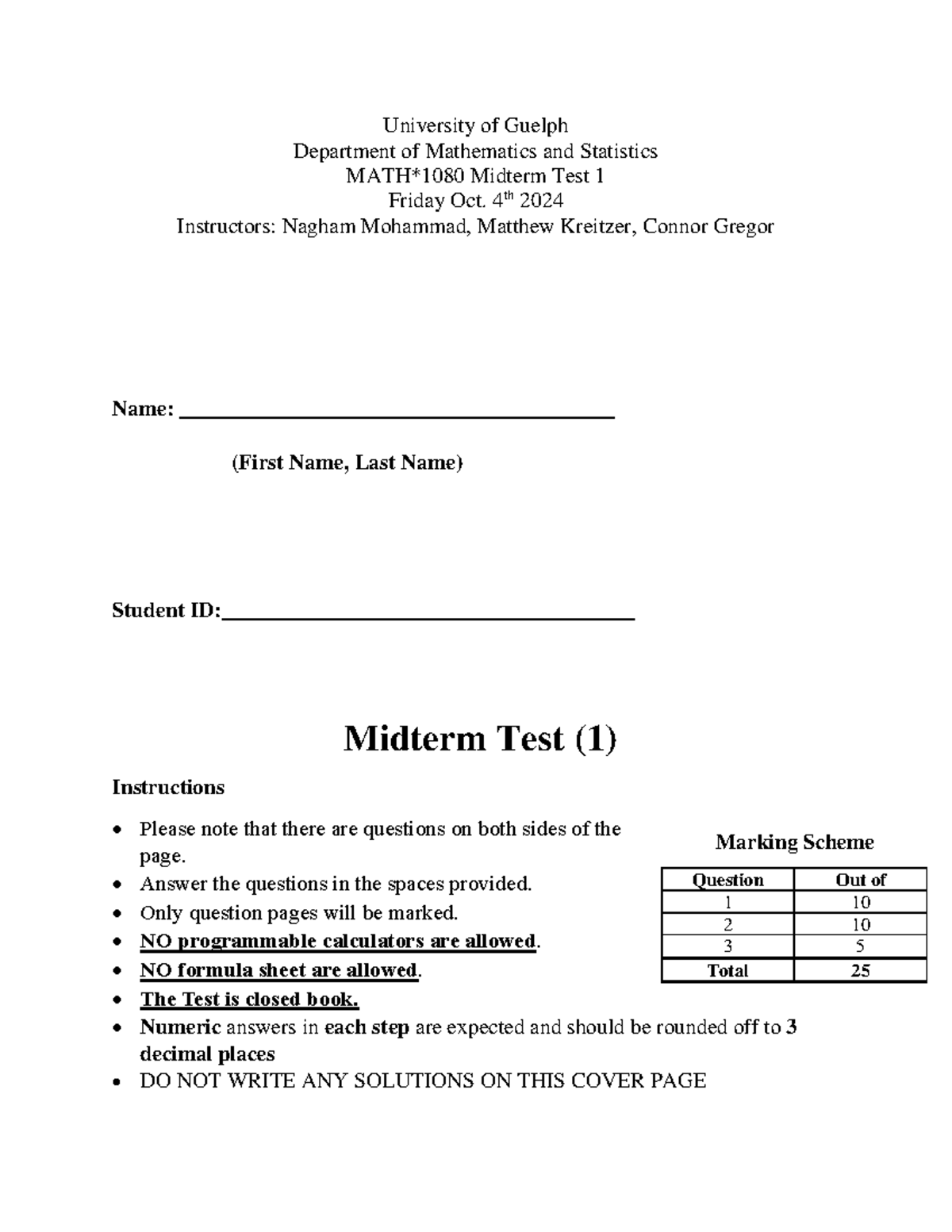 MATH*1080 Midterm Test 1 Solutions - Fall 2024 - Studocu