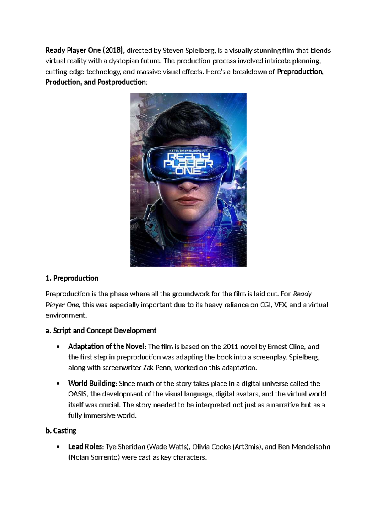 Ready Player One (2018) - Comprehensive Production Notes - Studocu