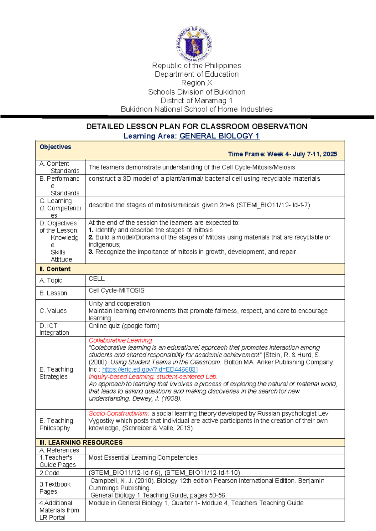 General Biology 1: Detailed Lesson Plan for Mitosis (WEEK 4-DLL) - Studocu