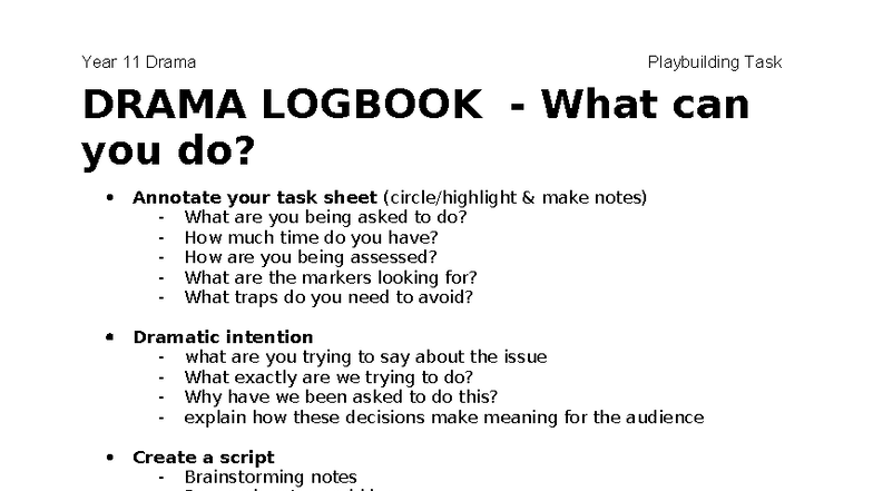 Year 11 Drama Playbuilding Task: Logbook Guidelines - Studocu