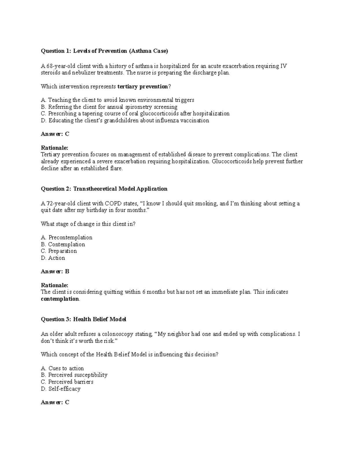 NUR 103 Exam 2: Levels of Prevention & Health Models Questions - Studocu