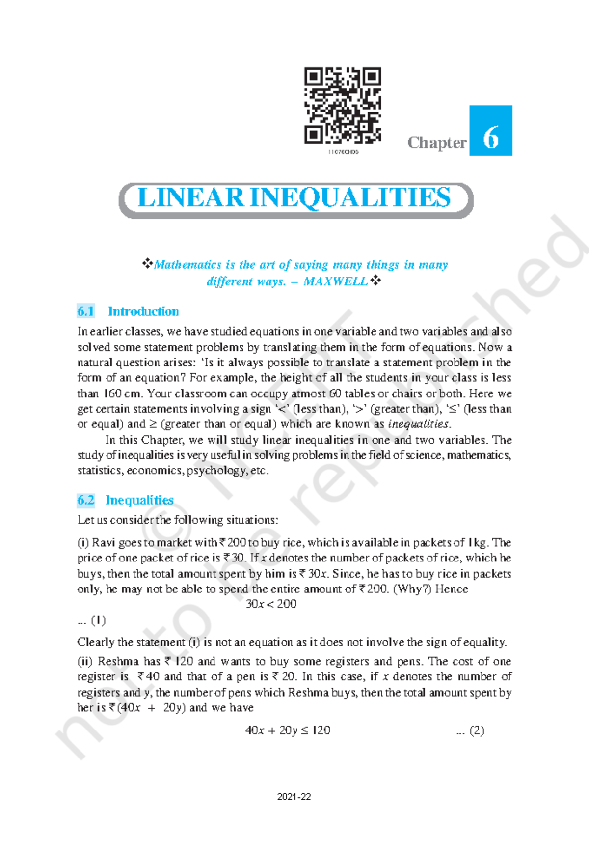 6. Linear Inequalities - Chapter 6 v Mathematics is the art of saying ...
