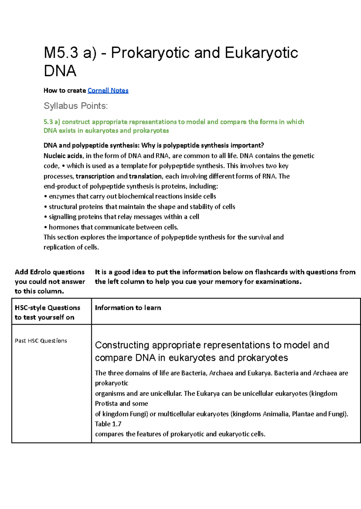 Biology M5.3: Prokaryotic vs Eukaryotic DNA & Polypeptide Synthesis ...
