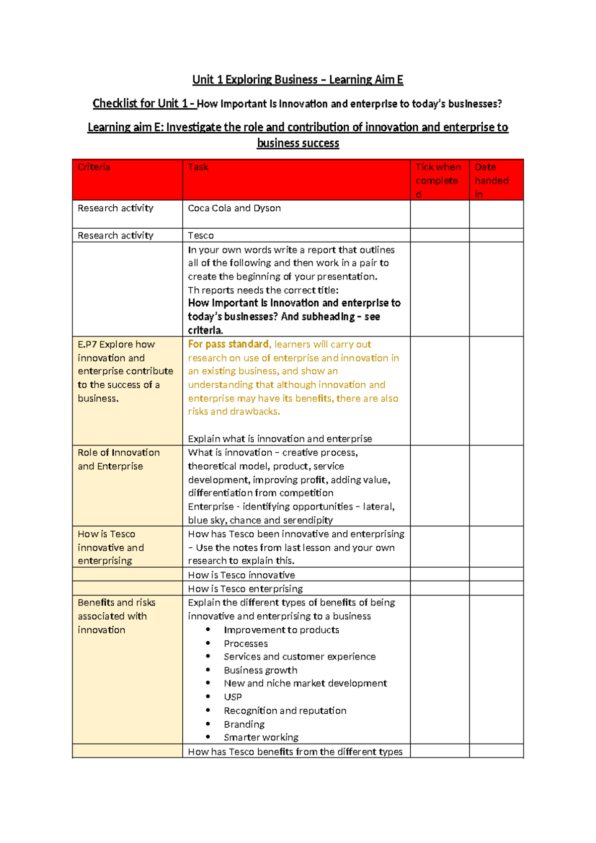 Unit 1 Checklist: Innovation & Enterprise in Business (P7, E.M5, E.D4 ...