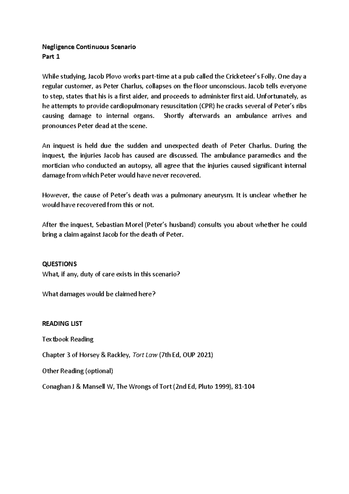 Negligence Case Study: Duty of Care Analysis - Part 1 - Studocu