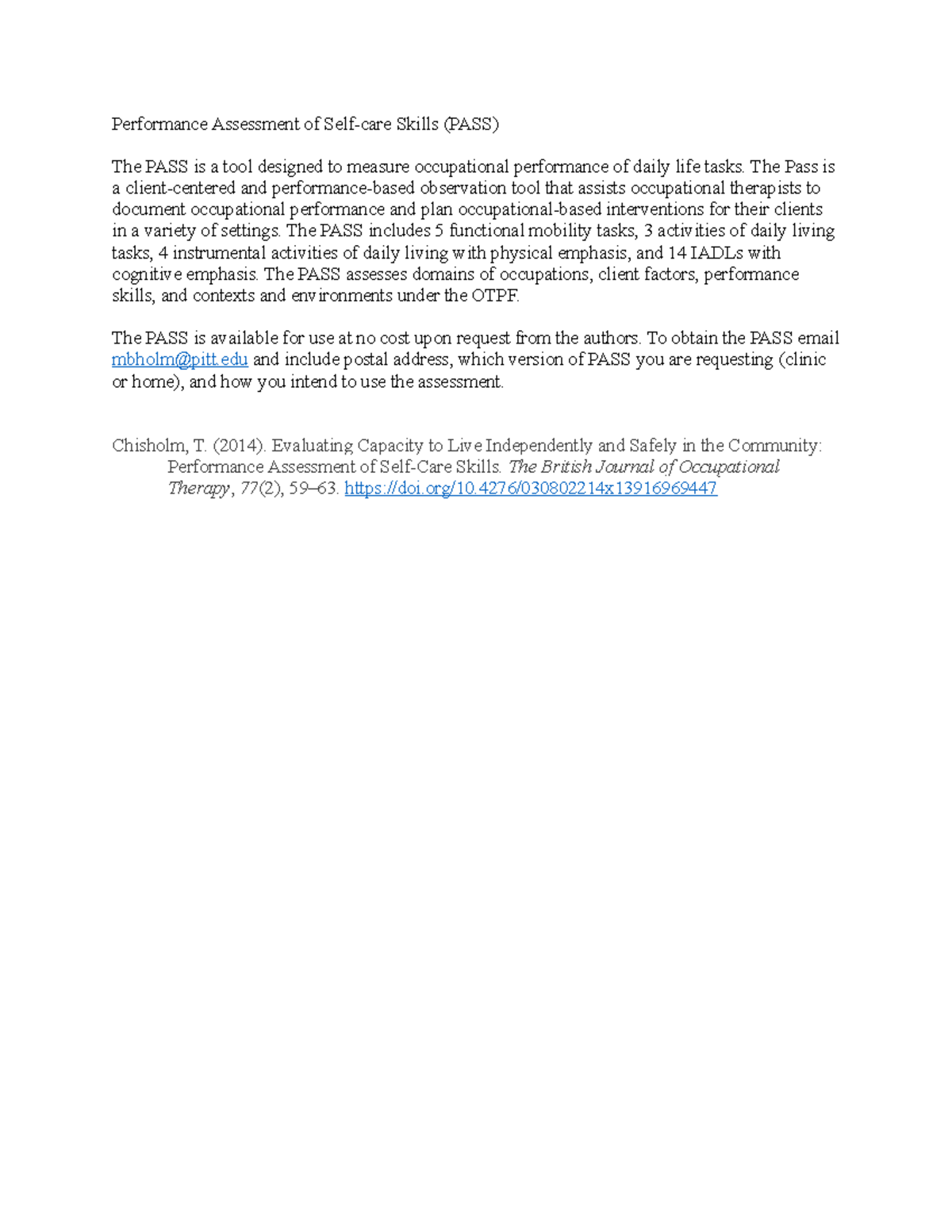 PASS - Performance Assessment of Self-Care Skills Overview - Studocu