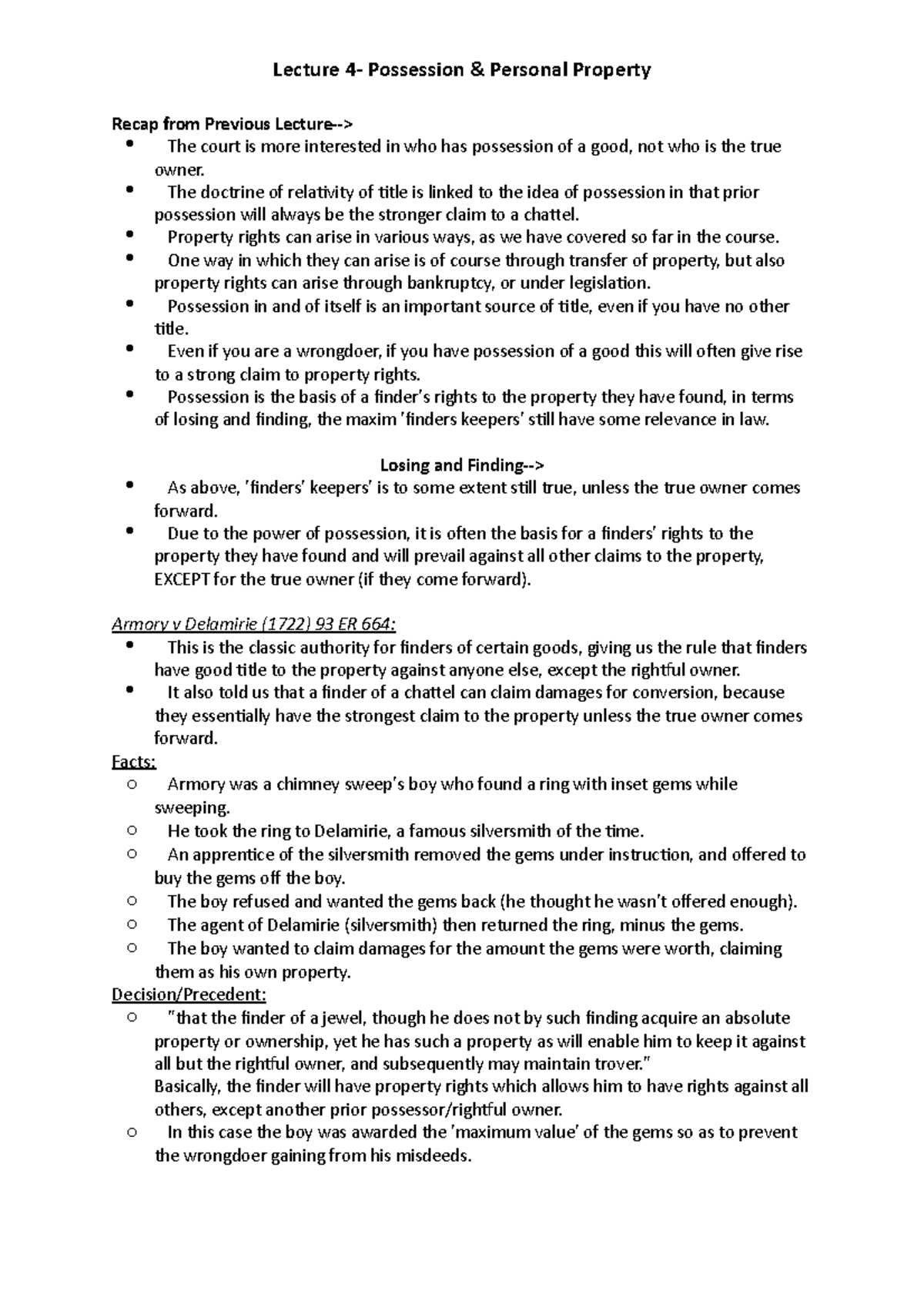 Lecture 4: Understanding Possession & Personal Property Rights - Studocu